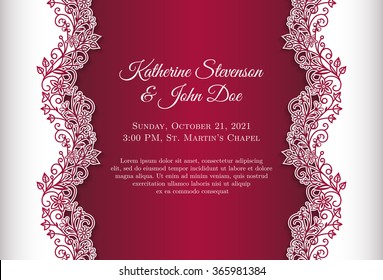 Red wedding invitation with luxury floral lace border