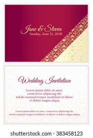 Red wedding invitation with luxury golden lace in corner and damask pattern inside of the card