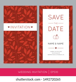 Red Wedding Invitation Template with Flowers and Leaves, Vector Save the Date Cards with Floral Pattern. EPS10 Illustration.