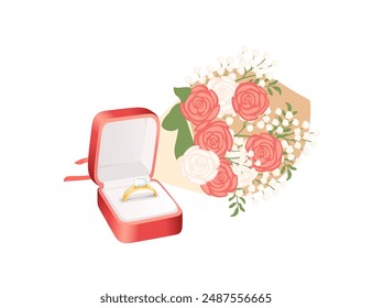 Red wedding square-shaped box with a golden ring and a flower bouquet, vector illustration isolated on a white background