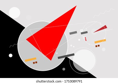 The red wedge breaks through the grey circle, the idea of going beyond. Abstraction in the style of avant-garde, geometric forms