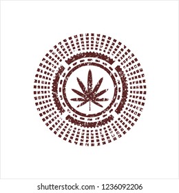 Red weed leaf icon inside distress grunge style stamp