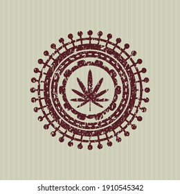 Red weed leaf icon inside distressed rubber grunge seal. 