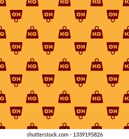 Red Weight icon isolated seamless pattern on brown background. Kilogram weight block for weight lifting and scale. Mass symbol. Flat design. Vector Illustration