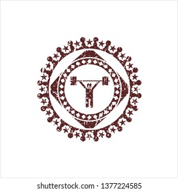 Red weightlifting icon inside distressed rubber grunge stamp