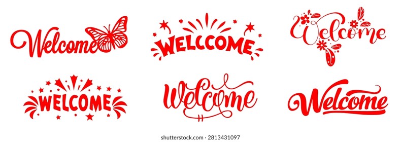 Red Welcome Typography Lettering Collection with Elegant Decorative Calligraphy and Floral Design for Invitation Banner Isolated Vector Illustration

Keywords (45):