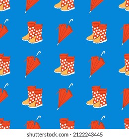 Red wellies and umbrella on blue. Rubber boots. Autumn background with umbrellas and boots. Rainy collection. Hand drawn colored flat Vector seamless pattern with autumn elements, illustrations. 