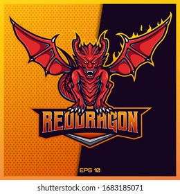Red Western esport and sport mascot logo design in modern illustration concept for team badge, emblem and thirst printing. Red Western dragon illustration on Red Gold Background. Vector illustration