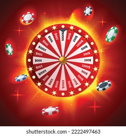 Red wheel of fortune with flying chips on red hot background. Casino game of chance. Win, fortune roulette. gamble, chance, leisure, lottery, luck. Vector illustration