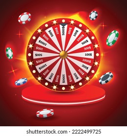 Red wheel of fortune with flying chips on a red hot background. Casino game of chance. Win, fortune roulette. gamble, chance, leisure, lottery, luck. Vector illustration