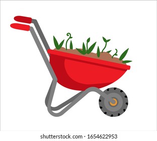 Red wheelbarrow equipped with handles. Hand-barrow with green plant seedling and soil isolated on white background. Tool, equipment for gardening, agricultural work side view. Vector illustration
