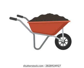 Red wheelbarrow filled with dark soil for gardening and construction work