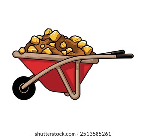 Red wheelbarrow filled with golden nuggets