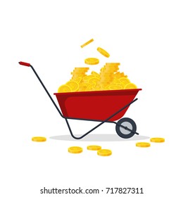 Red wheelbarrow full of golden coins. Gold money flat style- vector illustration. Bank finance concept. Pushcart with treasure