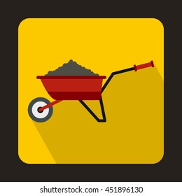 Red wheelbarrow loaded with soil icon in flat style on a yellow background
