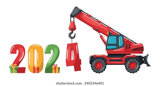 Red wheeled telescopic crane placing the year 2024. Merry christmas. Celebrating the beginning of a happy new year. Heavy machinery used in the construction industry