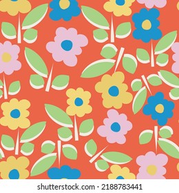 Red with whimsical blue, light pink and yellow flower elements with their stems and leaves seamless pattern background design.