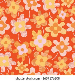 Red with whimsical flower elements seamless pattern background design.