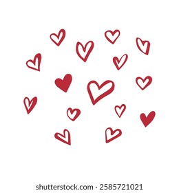 Red whimsical hearts. Set of isolated objects EPS vector. Line art hand-drawn illustration. Coquette core. Contours, silhouettes. Decorative elements for festive romantic invitation, greeting design.