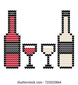 Red Whine and White Wine Bottle and Wine Glass Vector Pixel Art Knitted Look Christmas Sweater Design