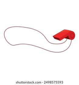 Red whistle is hanging on string and making loud, high pitched sound