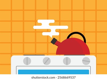 Red Whistle Kettle Boiling on the Stove Flat Style. Kitchen appliances and tea drinking time concept vector art