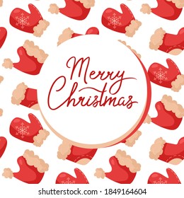 Red and whit template Merry Christmas. On the background, there is a pattern from a hat of Santa Claus, a red sock and mittens with a snowflake.
Banner isolated on white in cartoon style.