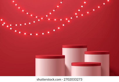 Rojo, blanco 3D podio cilíndrico Navidades de fondo de año nuevo con la escena de la bombilla colgante. Diseño de pedestal de maqueta de plataformas minimalistas. Presentación Abstractas del producto de la exhibición de los soportes. Escaparate escénico.