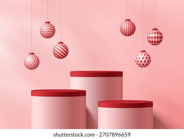 Fondo de Navidades alegres de podio cilíndrico 3D rojo y blanco con bolas de Navidad decoradas. Diseño de pedestal de maqueta de plataformas minimalistas. Presentación Abstractas del producto de la exhibición de los soportes. Escaparate escénico.
