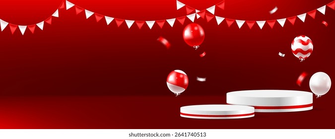 red and white 3d podium, balloons, confetti and fabric with space for text, great for special indonesian independence day promotion, poland independence day or canada independence day.