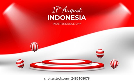 red and white 3d podium design with balloons and light on wavy indonesian flag. great for business promotion banner, celebration poster, etc.
