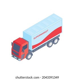 Red and white 3d supermarket truck isometric icon on white background vector illustration