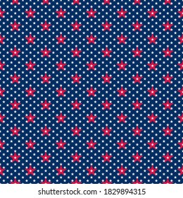 Red and white 5 pointed stars texture on blue background. Abstract seamless vector pattern. Independence day geometric background suitable for prints and decoration.