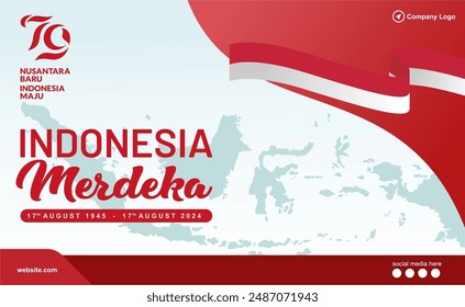 Red White 79th Independence day of Indonesia background with 79 logo and indonesia map illustration. Dirgahayu 79 Republik Indonesia 2024 means Happy 79th Anniversary of Indonesia