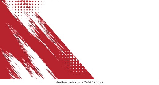 Fondo abstracto rojo y blanco con rayas diagonales y patrones de puntos semitonos.