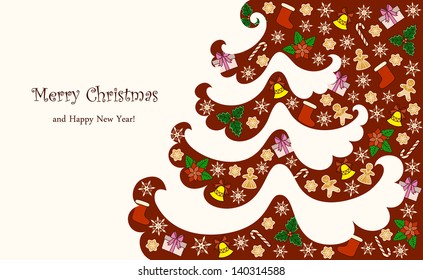 Red and white abstract Christmas tree with decorations. Vector background.