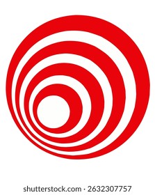 A red and white abstract circular design featuring concentric, wave-like rings creating a sense of depth and motion