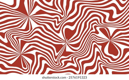 Red and White Abstract Op Art Pattern with Curving Lines and Central Radiating Designs Creating a Visual Illusion