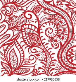 Red and white abstract vector background, floral ornament, asymmetric  sketch pattern, vector illustration