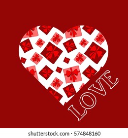 red white abstract vector illustration with gifts and heart on love