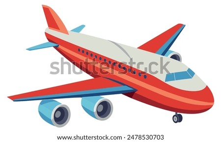 Red and white airplane in flight with blue trim. Vector illustration