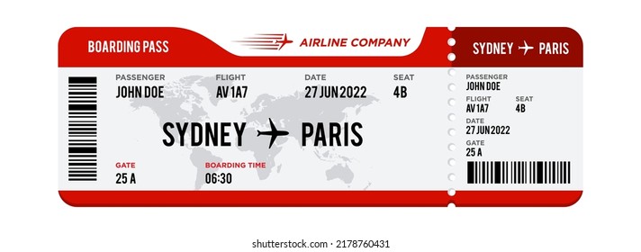 Diseño de billetes de avión rojo y blanco. Ilustración realista de la tarjeta de embarque del avión con nombre y destino del pasajero. Concepto de viaje, viaje o viaje de negocios. Aislado sobre fondo blanco