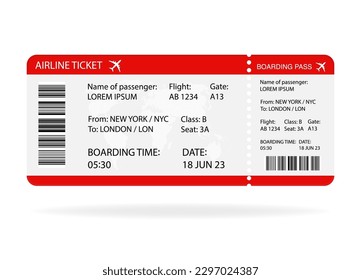 Red and white Airplane ticket design. Realistic illustration of airplane boarding pass with passenger name and destination. Concept of travel, journey or business trip. Isolated on white background.