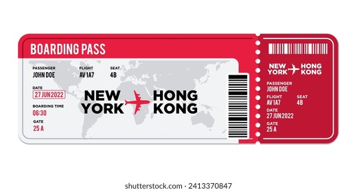 Red and white Airplane ticket design. Realistic illustration of airplane boarding pass with passenger name and destination. Concept of travel, journey or business trip. Isolated on white background