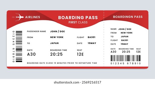 Red and white airplane ticket design. First class airline boarding pass template. Violet boarding pass vector illustration