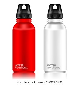 Red And White Aluminum Reusable Water Bottle Isolated On A White Background.