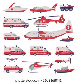 Red and White Ambulance as Rescue Equipment or Specialized Machine and Emergency Vehicle for Urgent Saving of Life Vector Set