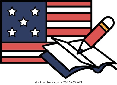 A red and white American flag with a pencil on top of it. The pencil is writing on a piece of paper
