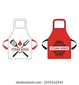 Red and white aprons with bbq utensils draws and steak king phrase on a white background