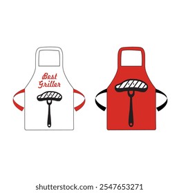 Red and white aprons with the draw of a fork and steak on a white background